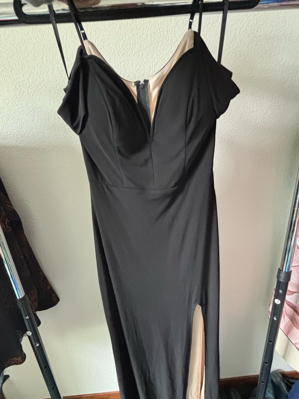 City Studio Black Off-Shoulder Evening Gown with Nude Lining
